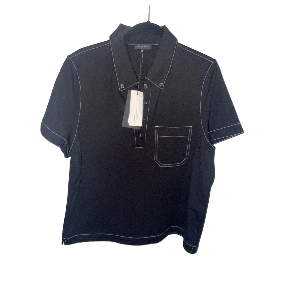 Rag & Bone Irina Contrast Stitch Polo Black Refine Knit Shirt XL RE2G25FT1PW